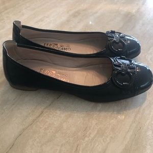 Ferragamo leather/patent ballet flats.